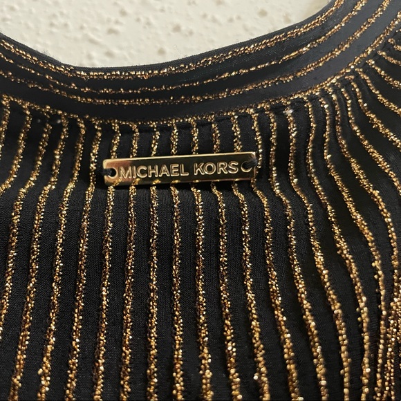 Michael Kors Black and Metallic Stripe Cold Shoulder Long Sleeve Top Blouse - Picture 5 of 13